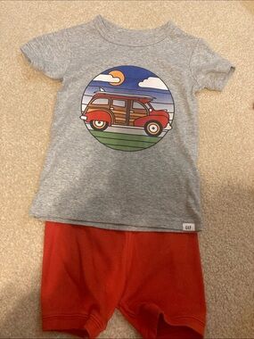 GAP Gray Tee with Red Shorts and Surf Wagon Graphic